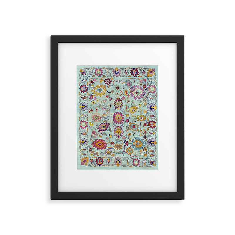 Turkish Oushak Blue Floral Rug Pattern Framed Art Print Gallery Image 5