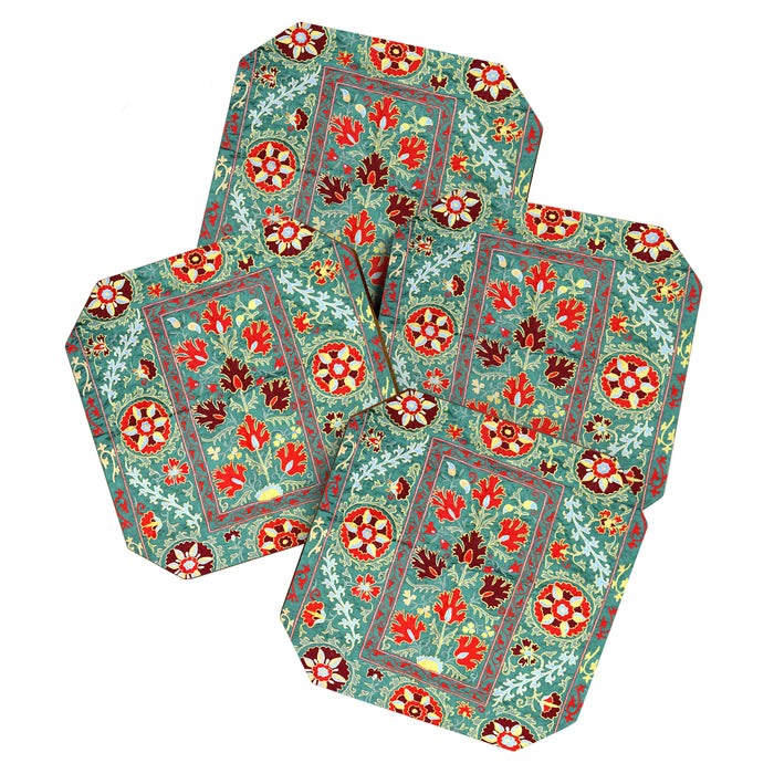 Turquoise Suzani Antique Floral Uzbek Embroidery Print Coaster Gallery Image 1