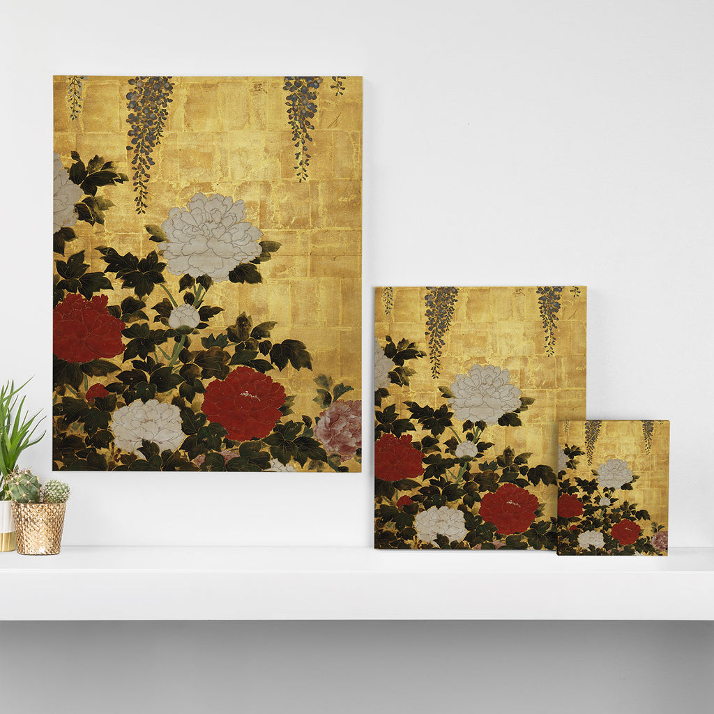 Vintage Japanese Floral Gold Leaf Screen With Wisteria and Peonies Canvas Print Gallery Image 3