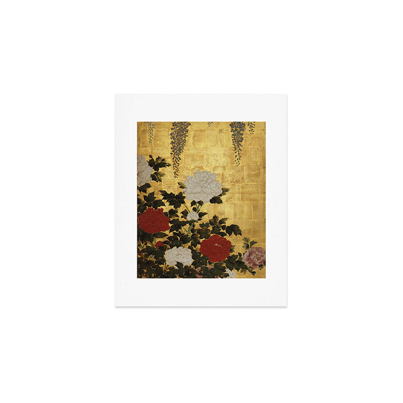 Vintage Japanese Floral Gold Leaf Screen With Wisteria and Peonies Art Print Gallery Image 1