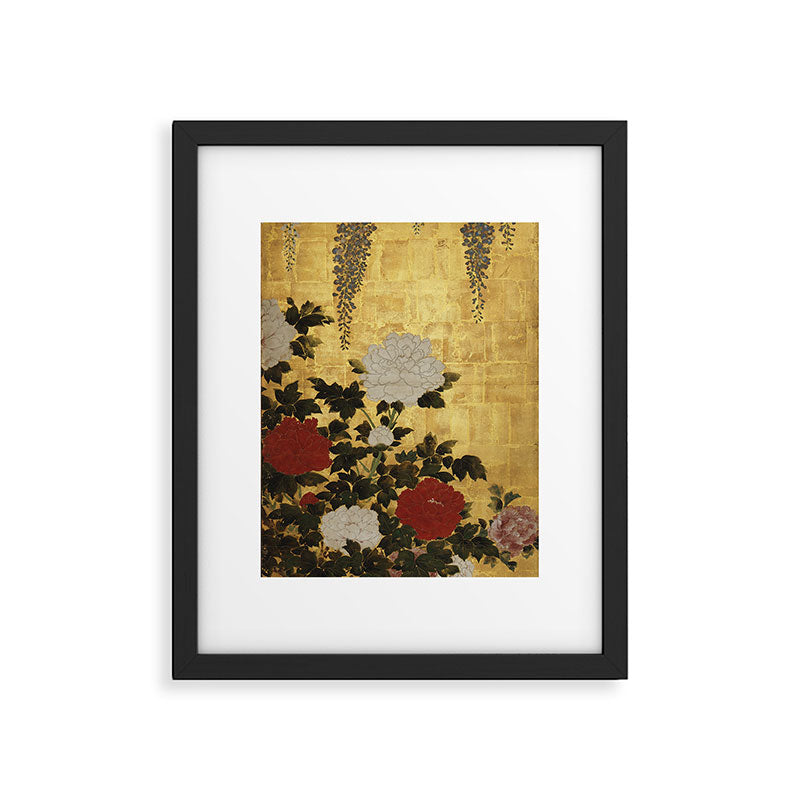 Vintage Japanese Floral Gold Leaf Screen With Wisteria and Peonies Framed Art Print Gallery Image 5
