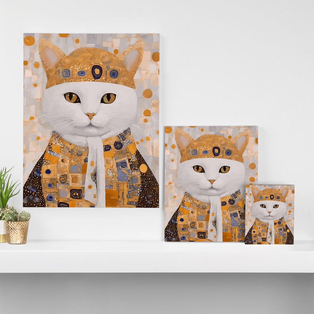 White Klimt Cat Dressed as King Cat Canvas Print Gallery Image 3