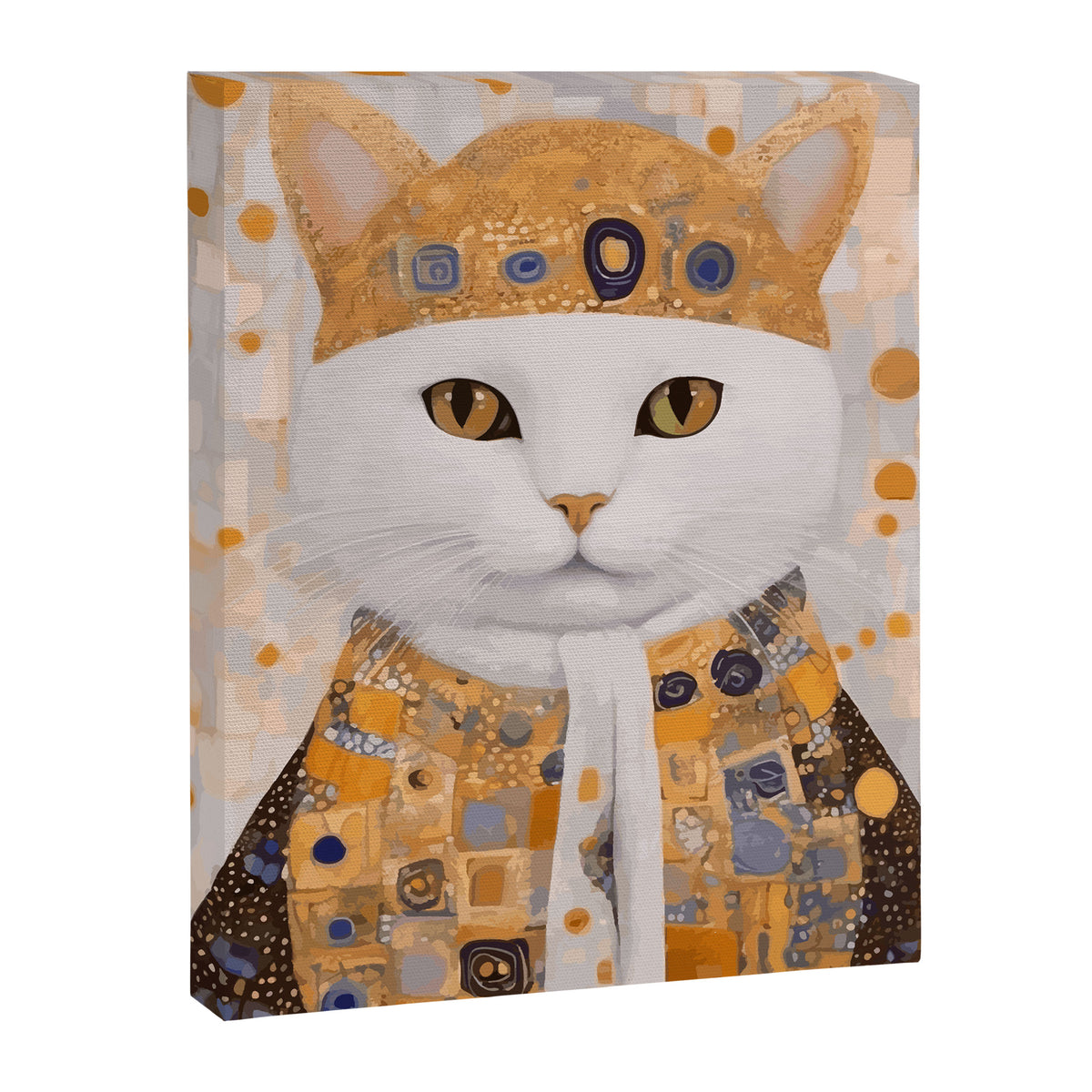 White Klimt Cat Dressed as King Cat Canvas Print Gallery Image 8