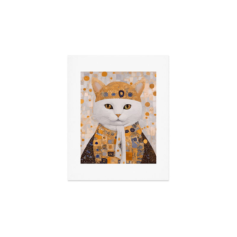 White Klimt Cat Dressed as King Cat Art Print Gallery Image 1