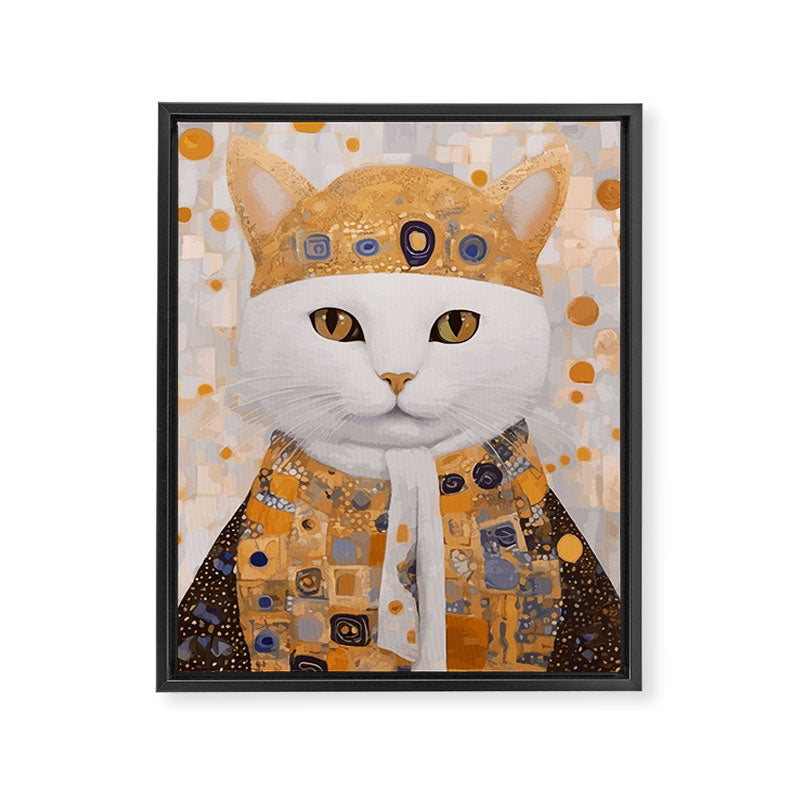 White Klimt Cat Dressed as King Cat Framed Canvas Print Gallery Image 8