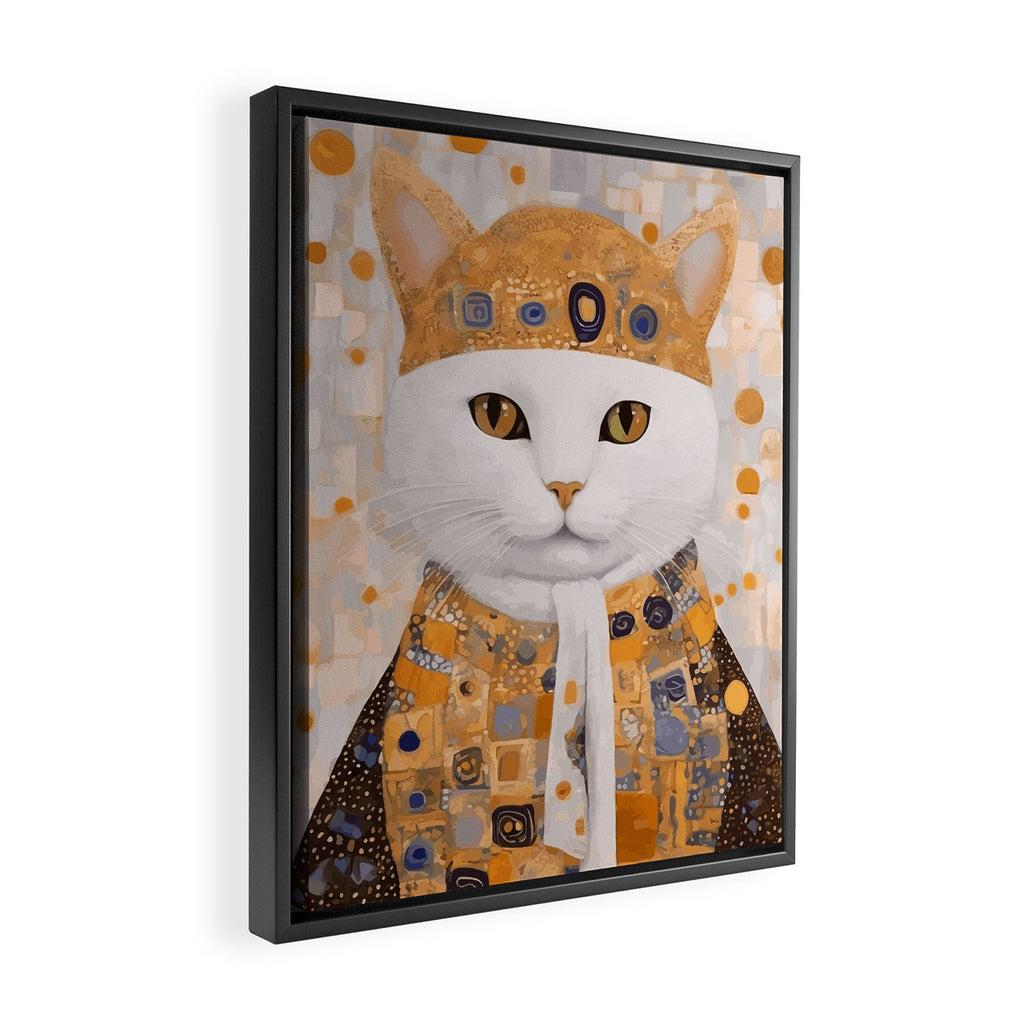 White Klimt Cat Dressed as King Cat Framed Canvas Print Gallery Image 2