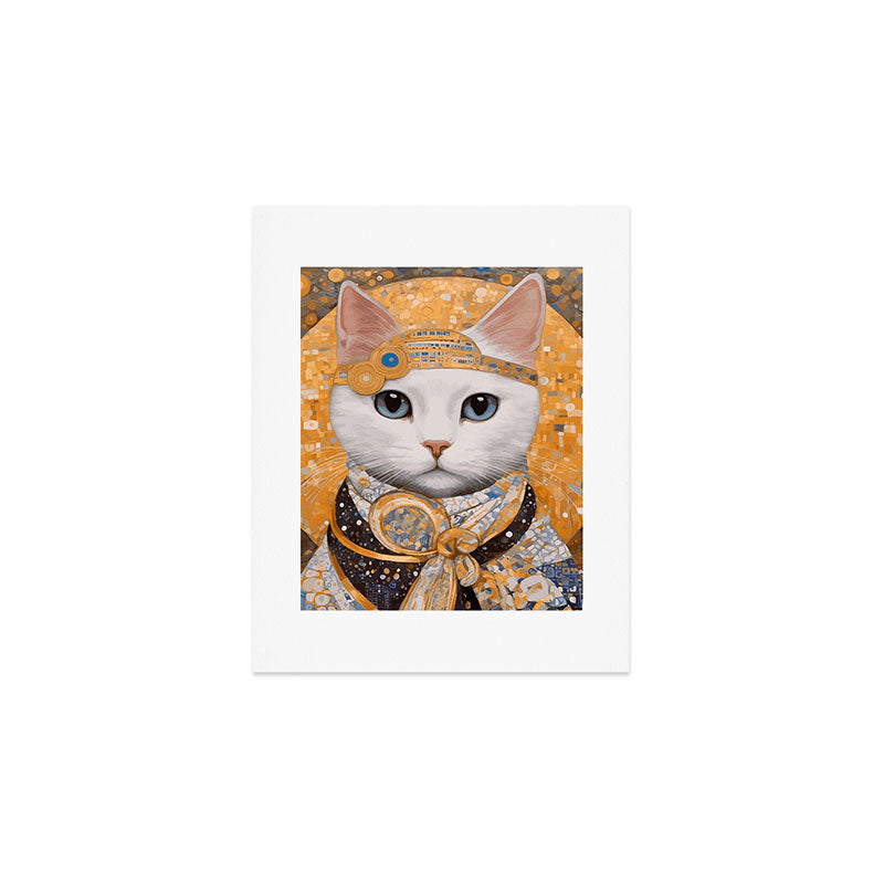 White Klimt Cat in Beautiful Dress Art Print Gallery Image 1
