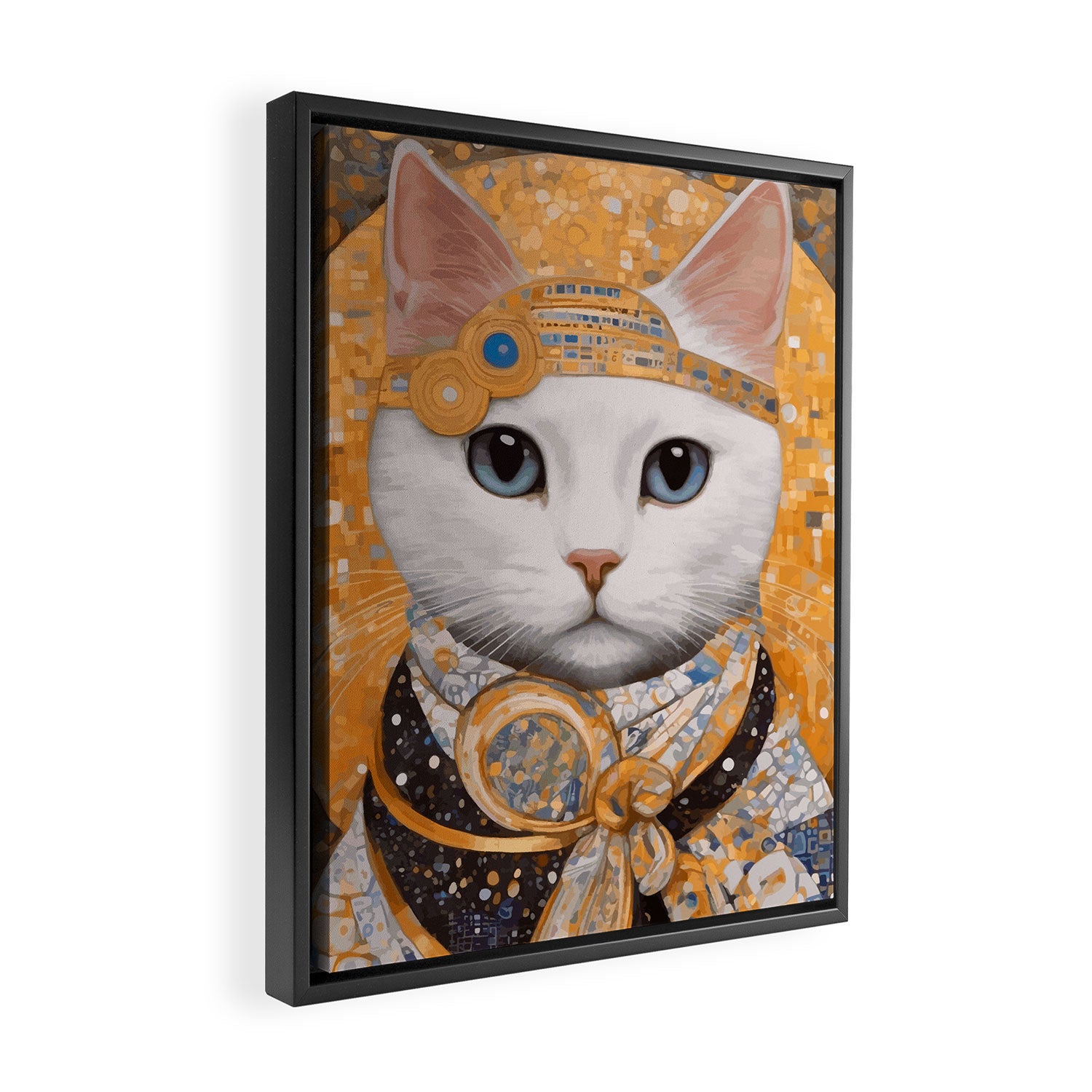 White Klimt Cat in Beautiful Dress Framed Canvas Print Gallery Image 2
