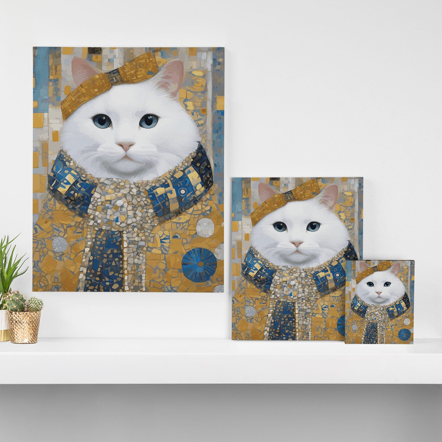 White Klimt Cat with Blue Eyes and Knitted Scarf Canvas Print Gallery Image 3