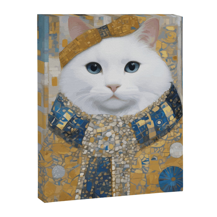White Klimt Cat with Blue Eyes and Knitted Scarf Canvas Print Gallery Image 1