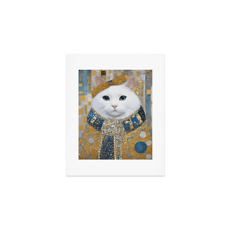White Klimt Cat with Blue Eyes and Knitted Scarf Art Print Gallery Image 1