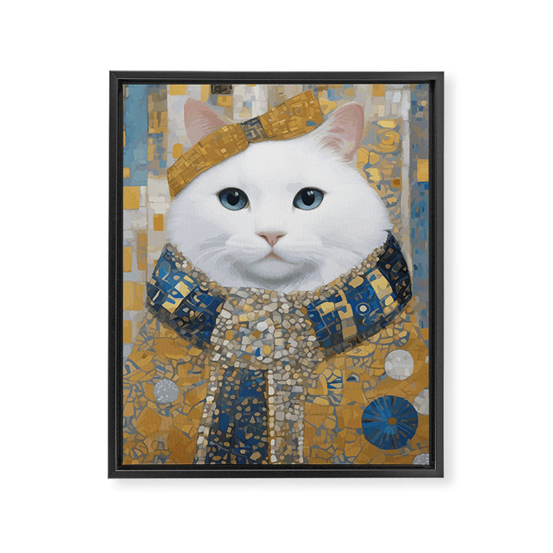 White Klimt Cat with Blue Eyes and Knitted Scarf Framed Canvas Print Gallery Image 8