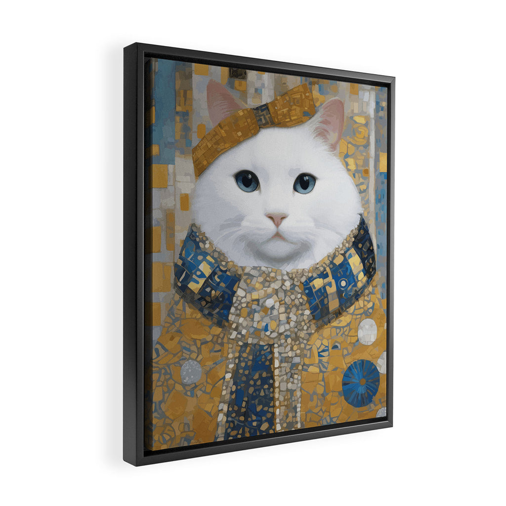 White Klimt Cat with Blue Eyes and Knitted Scarf Framed Canvas Print Gallery Image 2