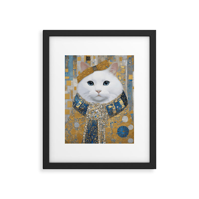 White Klimt Cat with Blue Eyes and Knitted Scarf Framed Art Print Gallery Image 6