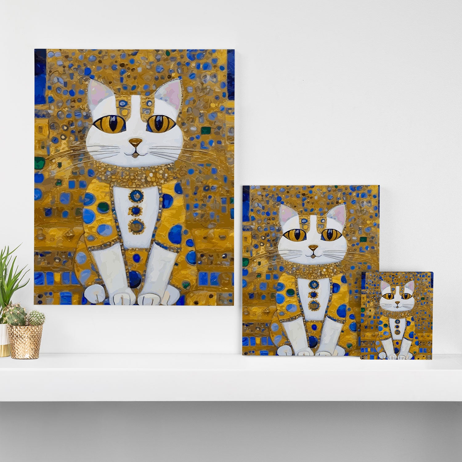 White Klimt Cat with Golden Eyes in Geometric Pattern Canvas Print Gallery Image 3