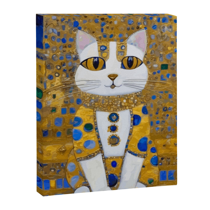 White Klimt Cat with Golden Eyes in Geometric Pattern Canvas Print Gallery Image 1