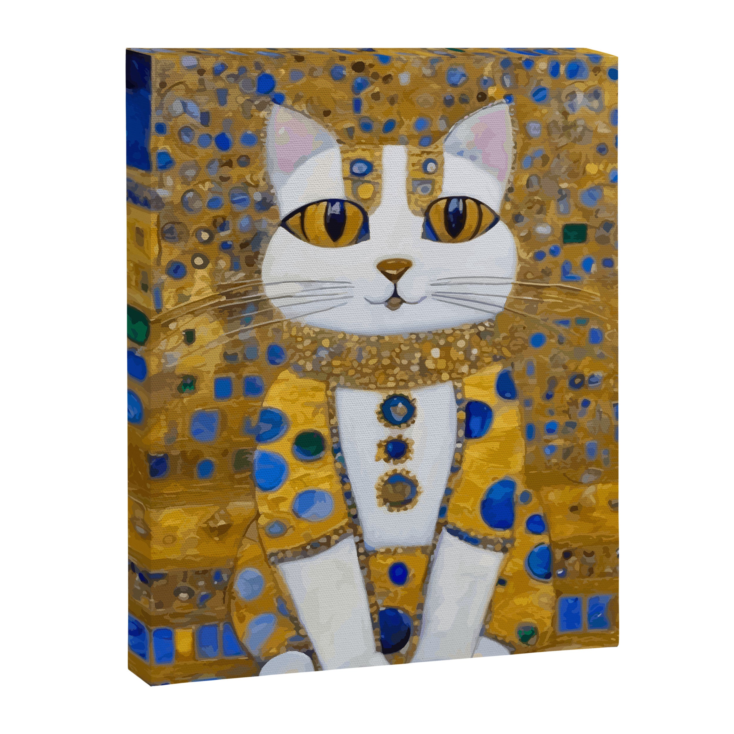 White Klimt Cat with Golden Eyes in Geometric Pattern Canvas Print Gallery Image 3