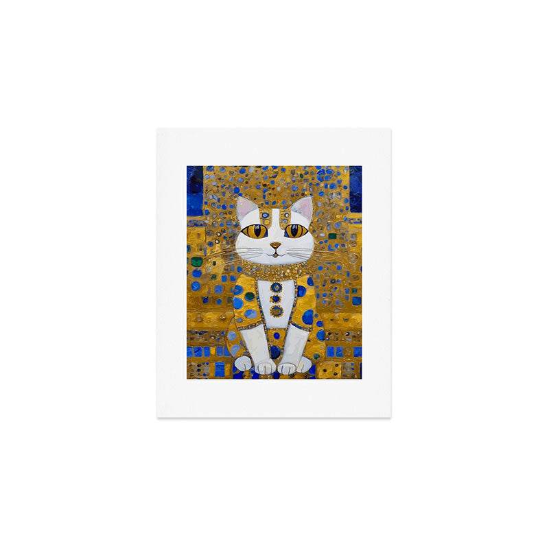 White Klimt Cat with Golden Eyes in Geometric Pattern Art Print Gallery Image 1