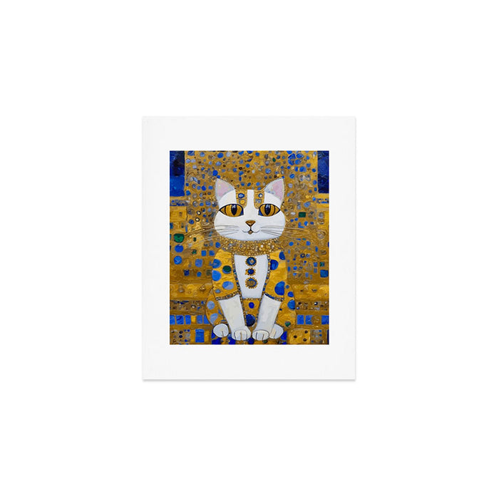 White Klimt Cat with Golden Eyes in Geometric Pattern Art Print Gallery Image 1