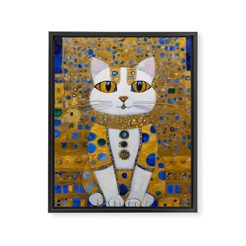 White Klimt Cat with Golden Eyes in Geometric Pattern Framed Canvas Print Gallery Image 8