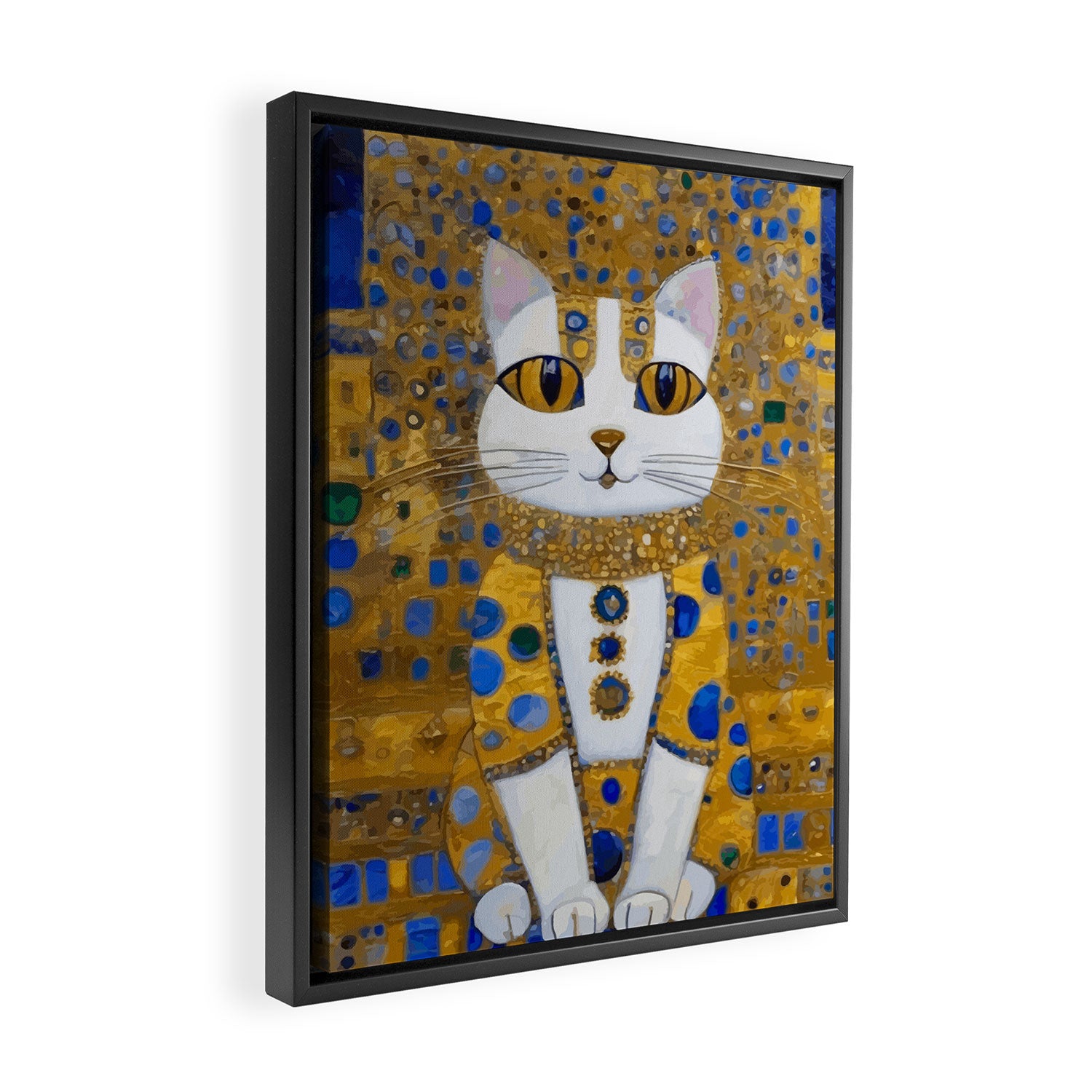 White Klimt Cat with Golden Eyes in Geometric Pattern Framed Canvas Print Gallery Image 2