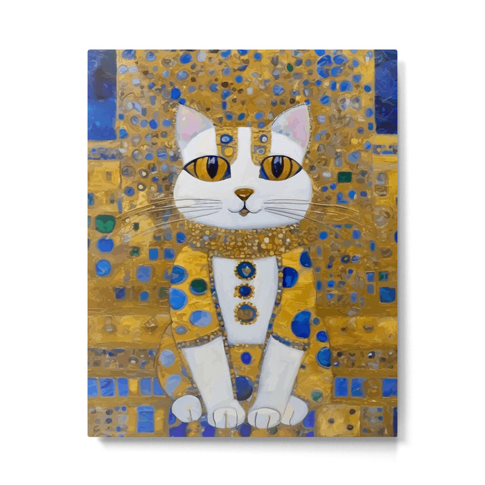 White Klimt Cat with Golden Eyes in Geometric Pattern Metal Print Gallery Image 1