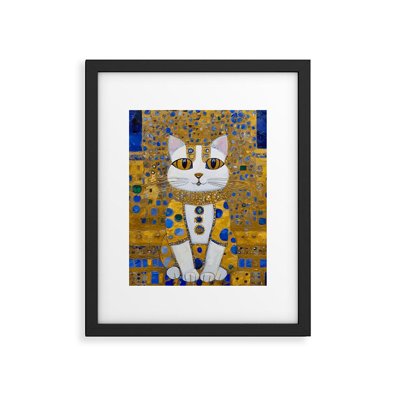 White Klimt Cat with Golden Eyes in Geometric Pattern Framed Art Print Gallery Image 6