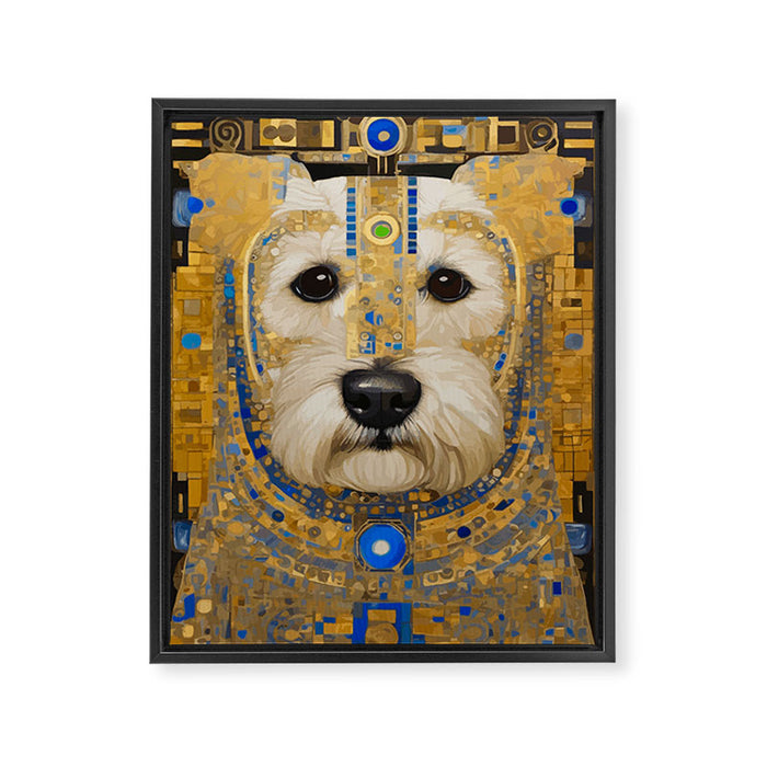 White Klimt Dog with Blue and Gold Costume Framed Canvas Print Gallery Image 1