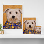 White Klimt Dog with Brown Eyes and Blue Jacket Canvas Print Gallery Image 3