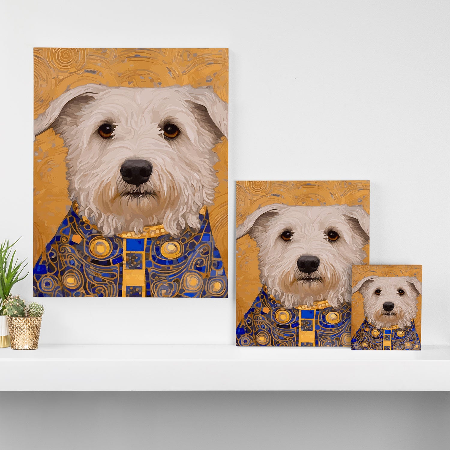 White Klimt Dog with Brown Eyes and Blue Jacket Canvas Print Gallery Image 3