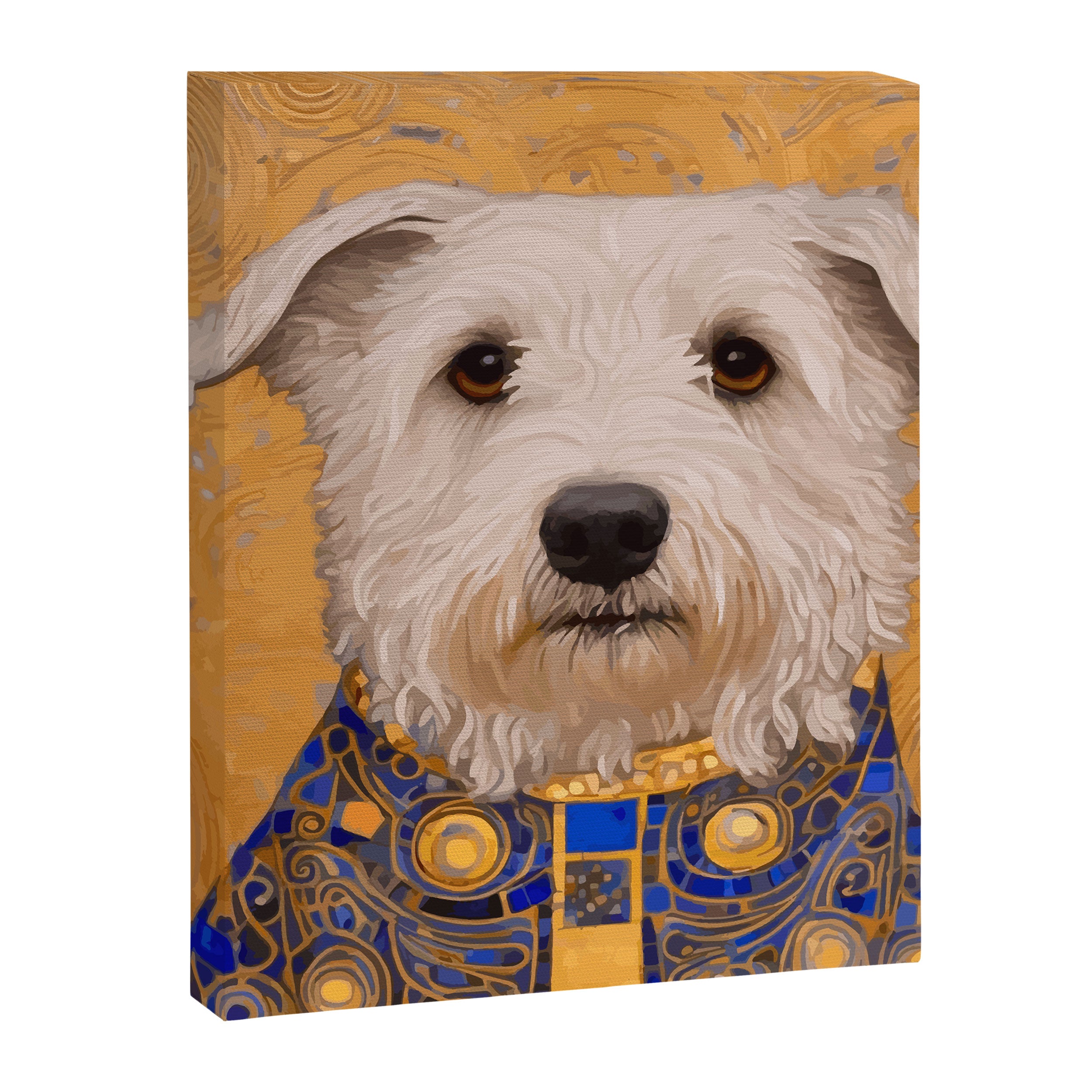 White Klimt Dog with Brown Eyes and Blue Jacket Canvas Print Gallery Image 3