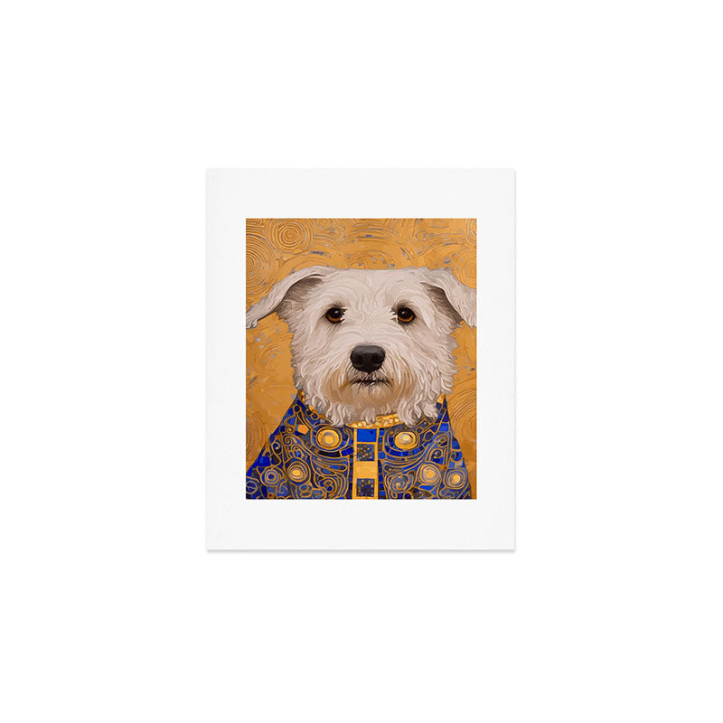 White Klimt Dog with Brown Eyes and Blue Jacket Art Print Gallery Image 1