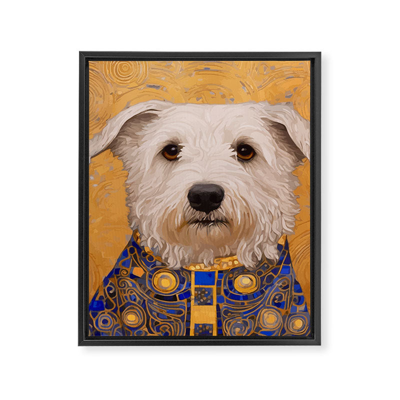 White Klimt Dog with Brown Eyes and Blue Jacket Framed Canvas Print Gallery Image 3