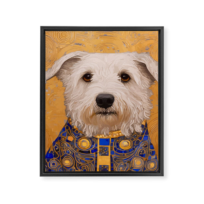 White Klimt Dog with Brown Eyes and Blue Jacket Framed Canvas Print Gallery Image 1