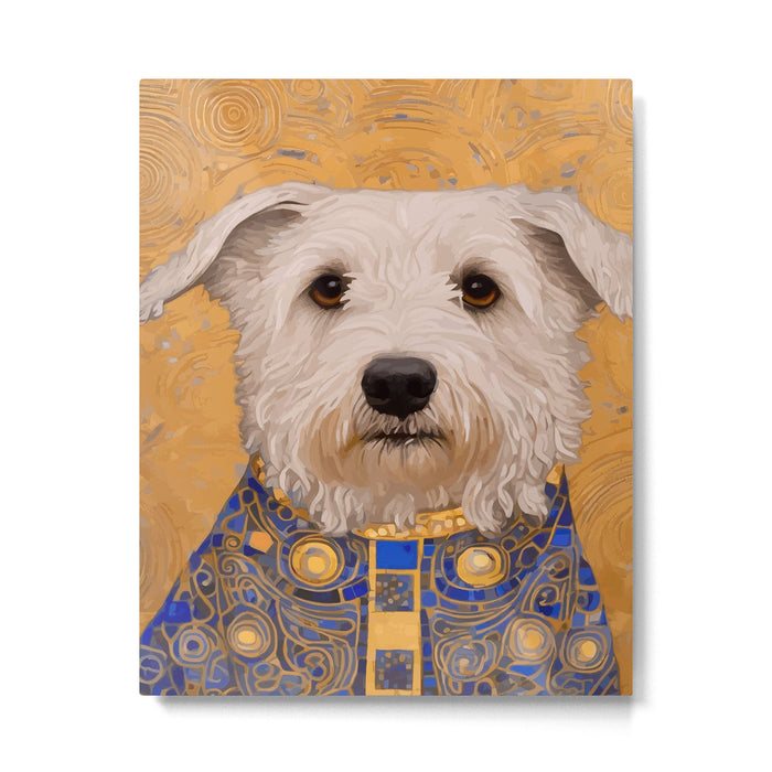 White Klimt Dog with Brown Eyes and Blue Jacket Metal Print Gallery Image 1