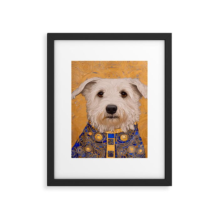 White Klimt Dog with Brown Eyes and Blue Jacket Framed Art Print Gallery Image 1