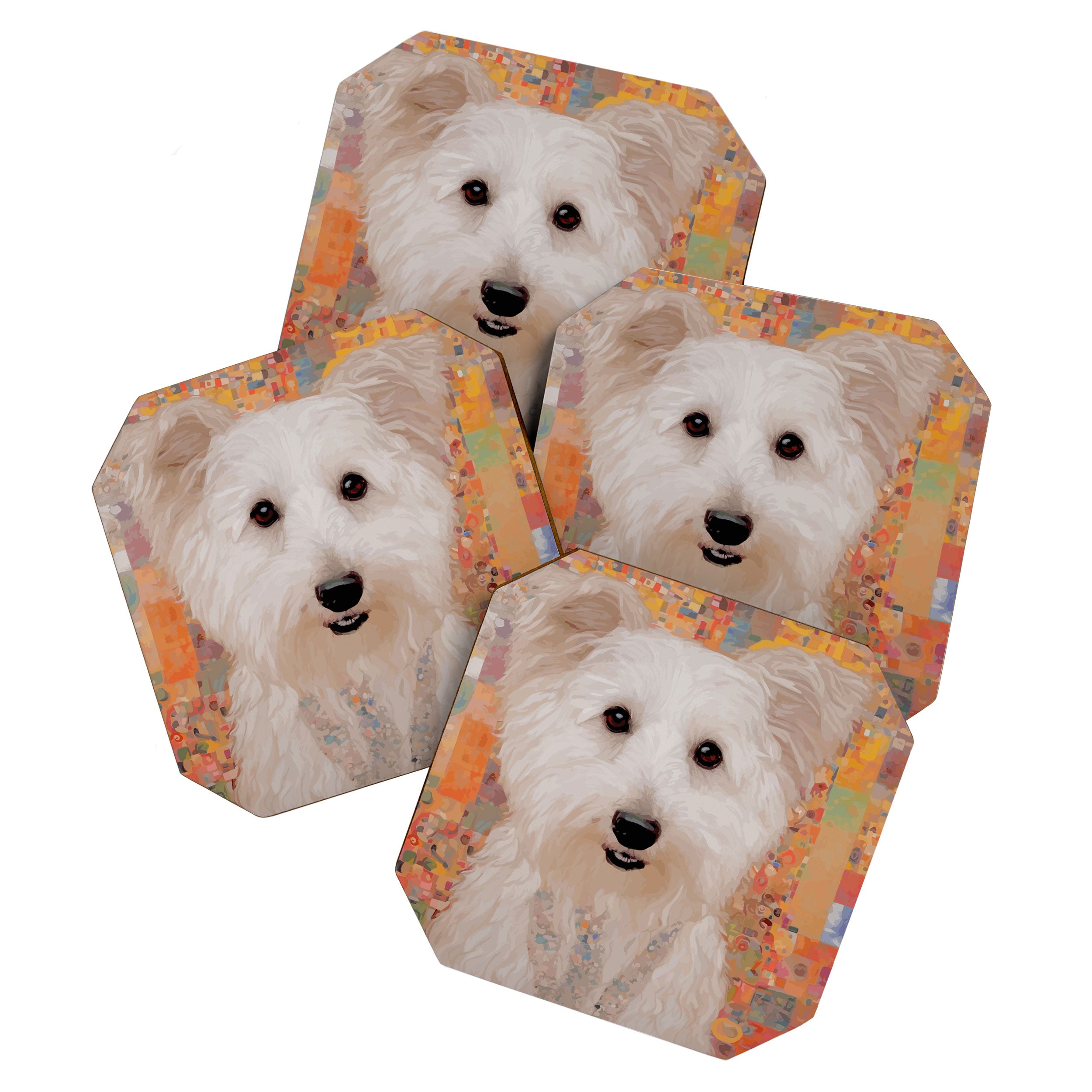 White Klimt Dog with Brown Eyes Coaster Gallery Image 1