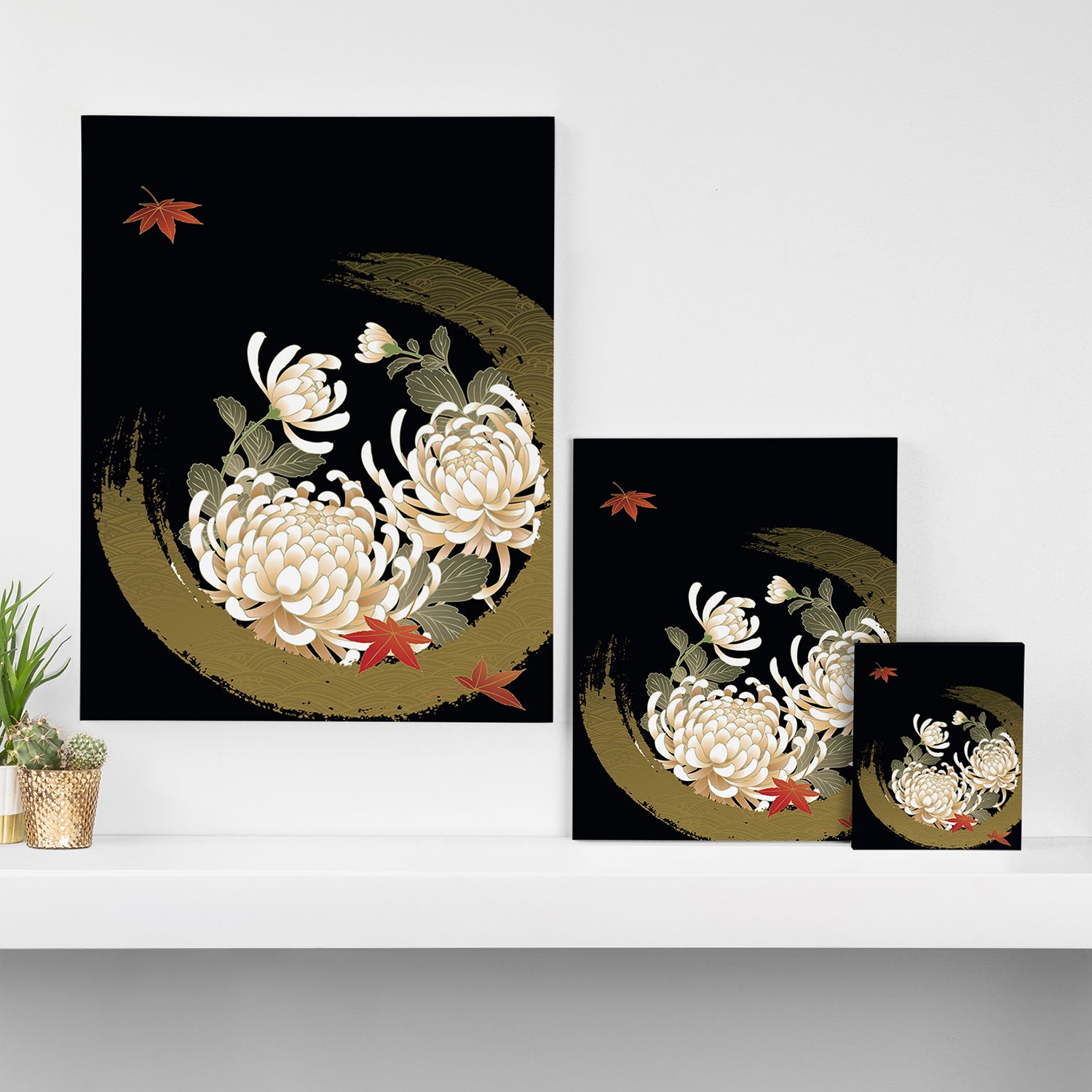 White Peonies Red Maple Leaves Japanese Kimono Pattern Canvas Print Gallery Image 3