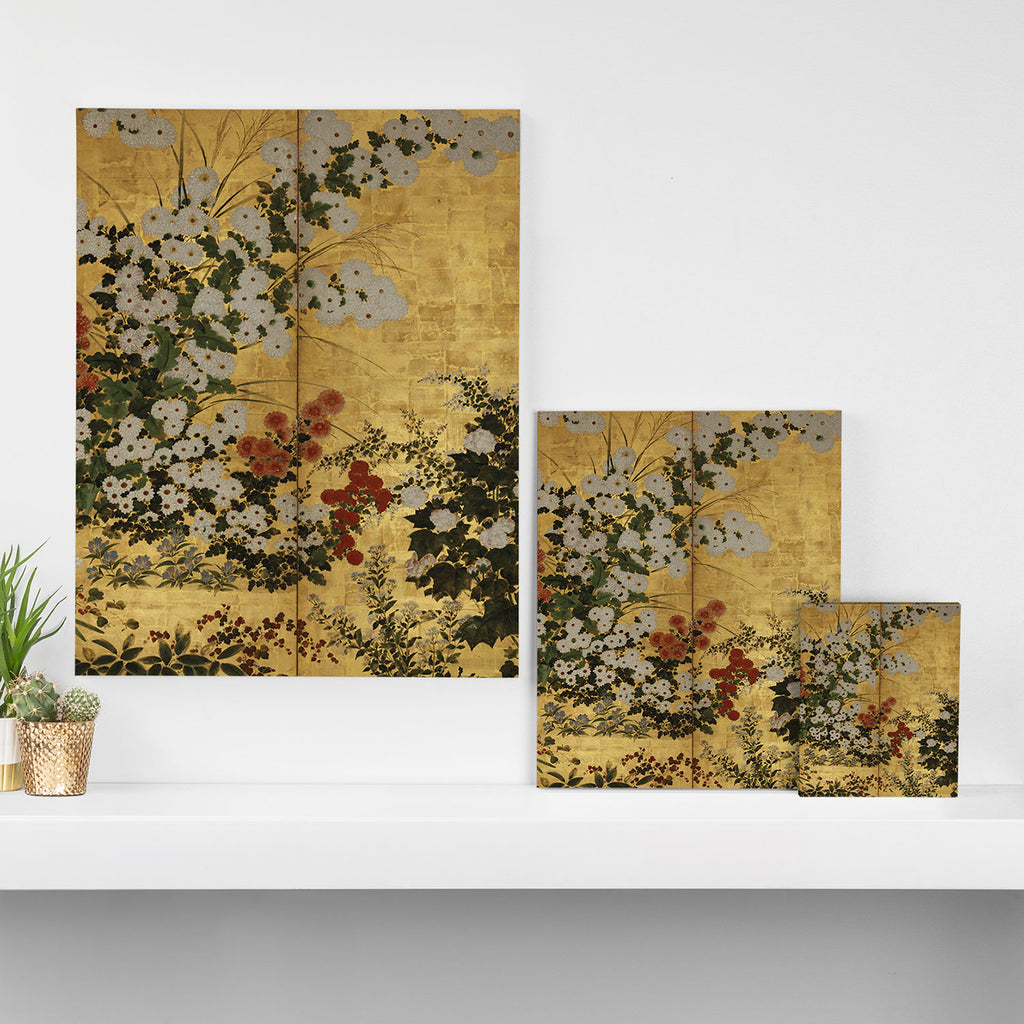 White Red Chrysanthemums Floral Japanese Gold Screen Canvas Print Gallery Image 3