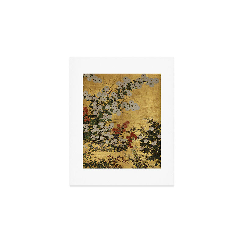 White Red Chrysanthemums Floral Japanese Gold Screen Art Print Gallery Image 1
