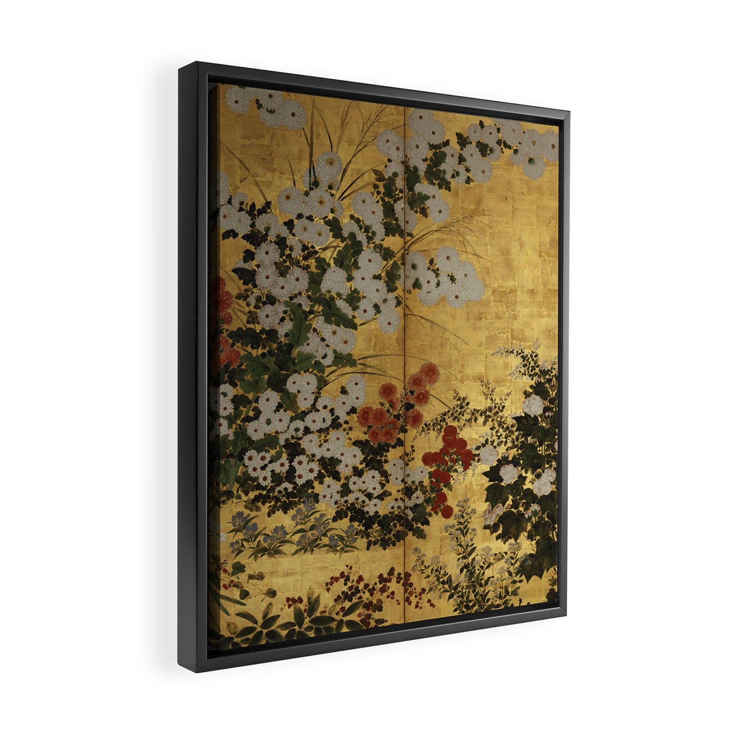 White Red Chrysanthemums Floral Japanese Gold Screen Framed Canvas Print Gallery Image 2