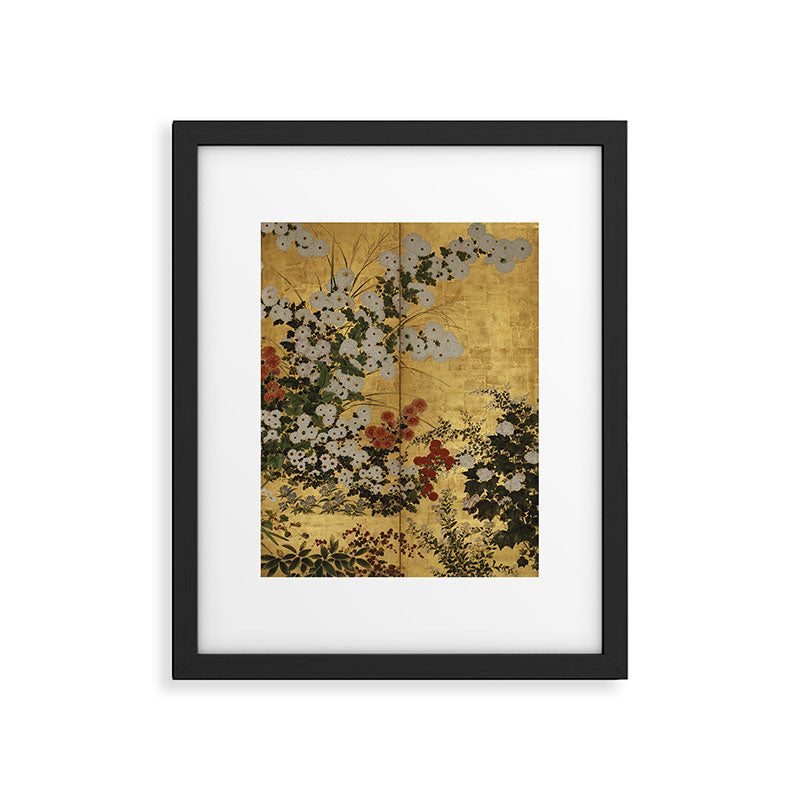 White Red Chrysanthemums Floral Japanese Gold Screen Framed Art Print Gallery Image 4