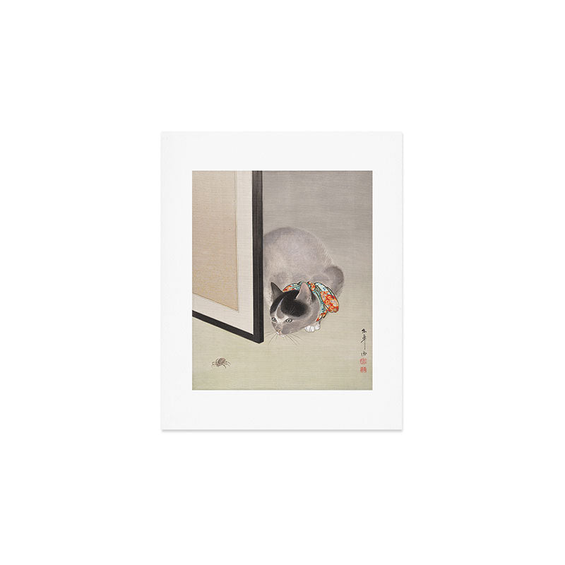 Cat Watching a Spider Japanese Painting Art Print Gallery Image 1