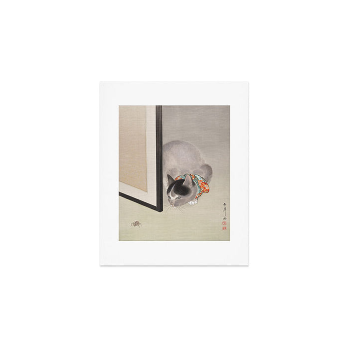 Cat Watching a Spider Japanese Painting Art Print Gallery Image 1