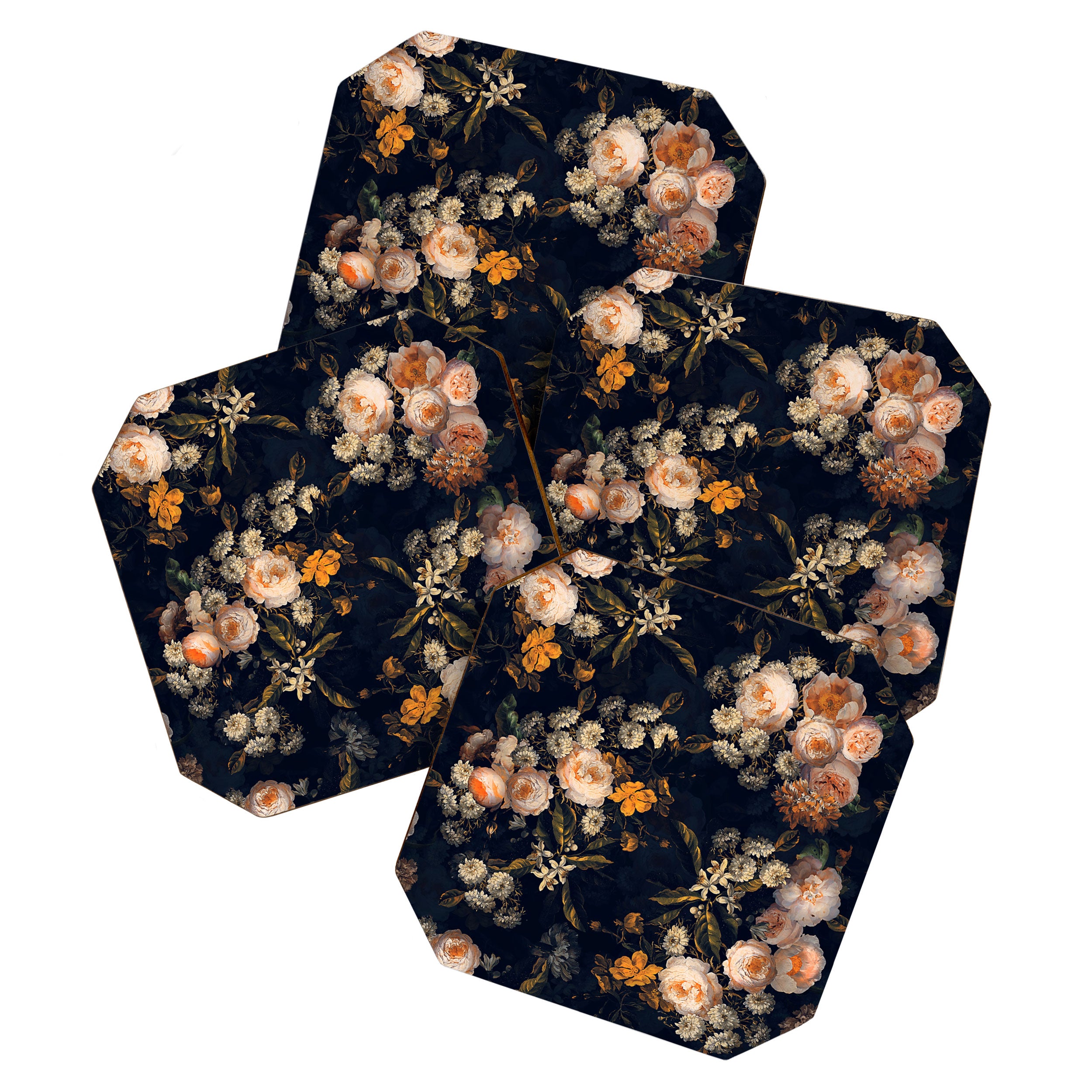 Antique Botanical Peach Roses And Chamomile Midnight Garden Coaster Gallery Image 1