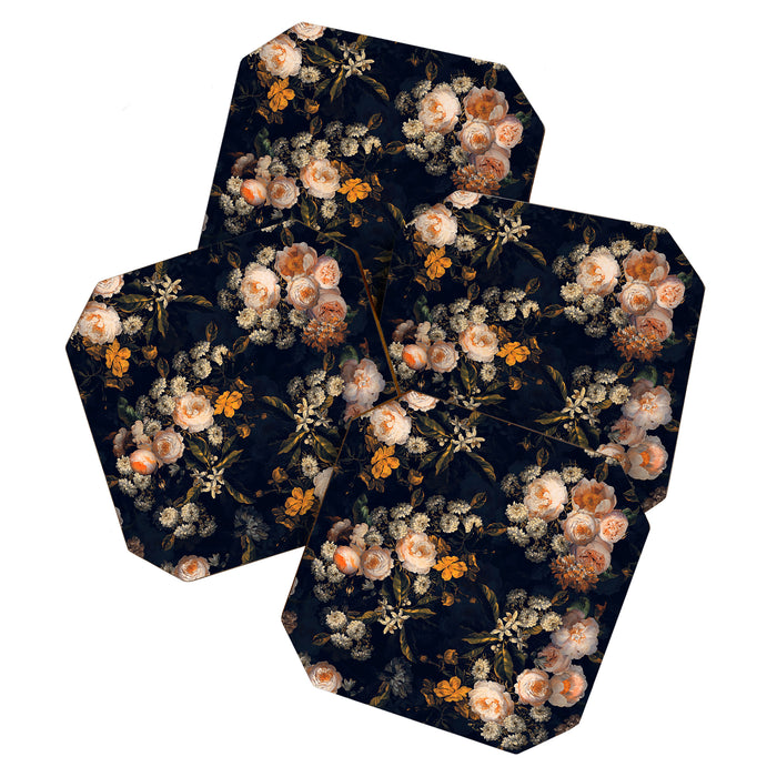 Antique Botanical Peach Roses And Chamomile Midnight Garden Coaster Gallery Image 1