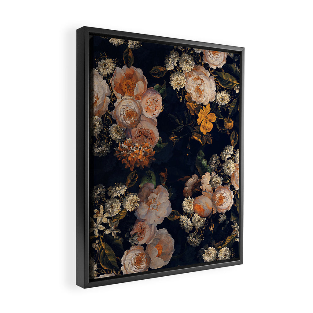 Antique Botanical Peach Roses And Chamomile Midnight Garden Framed Canvas Print Gallery Image 2