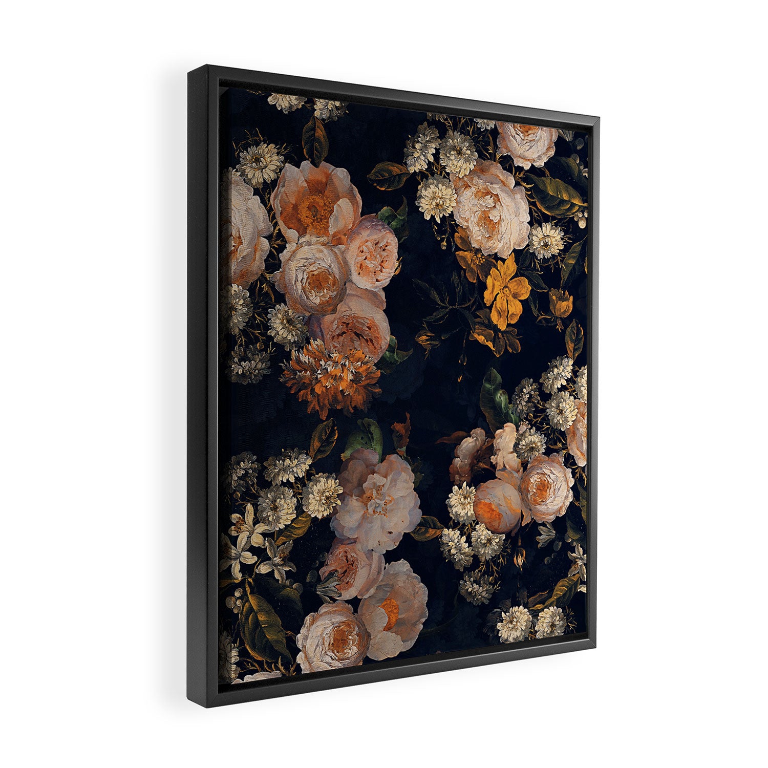 Antique Botanical Peach Roses And Chamomile Midnight Garden Framed Canvas Print Gallery Image 2