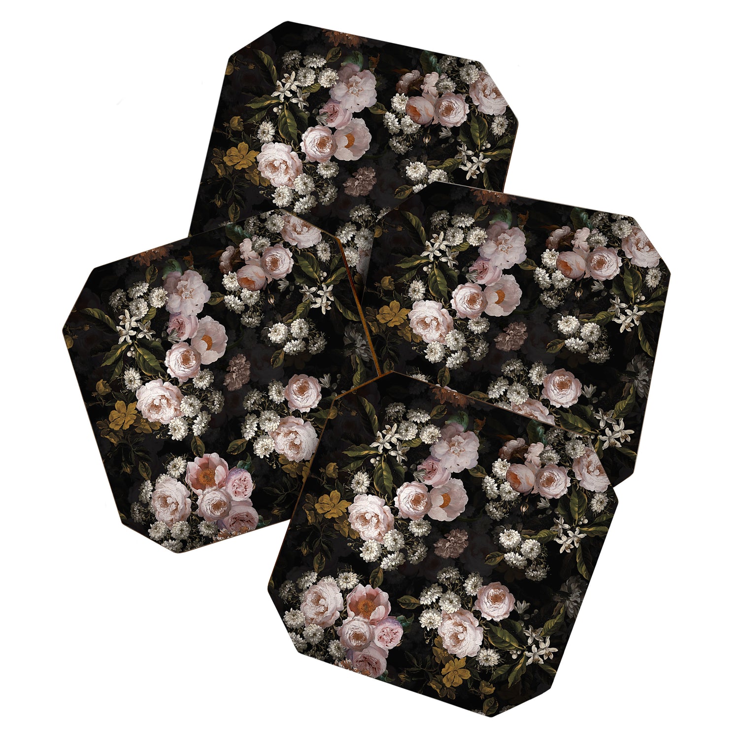 Antique Botanical Roses And  Chamomile Midnight Garden Coaster Gallery Image 1