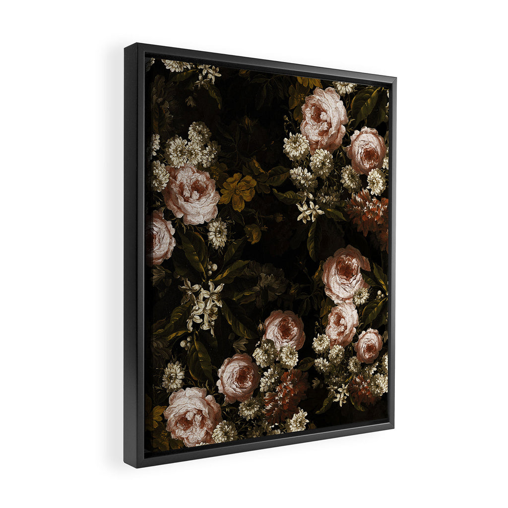 Antique Botanical Roses And Chamomile Midnight Sepia Garden Framed Canvas Print Gallery Image 2